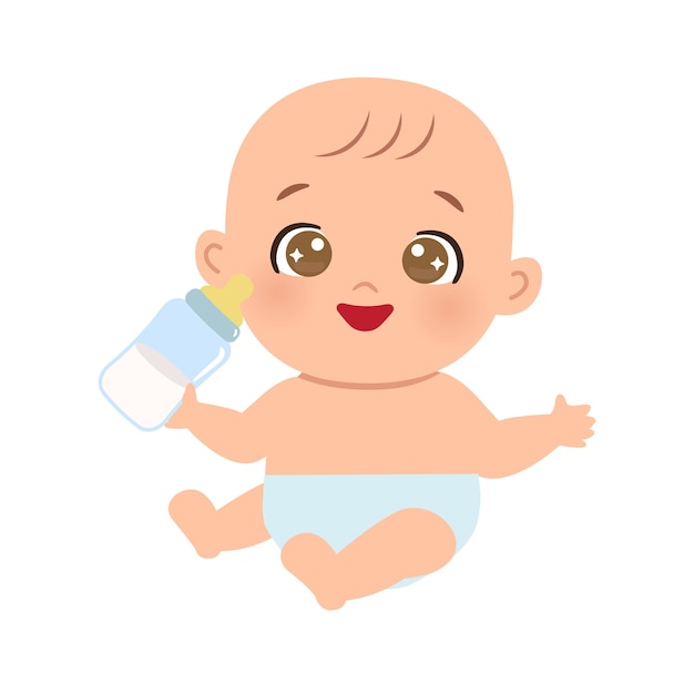 Vector cute happy baby with a bottle of milk