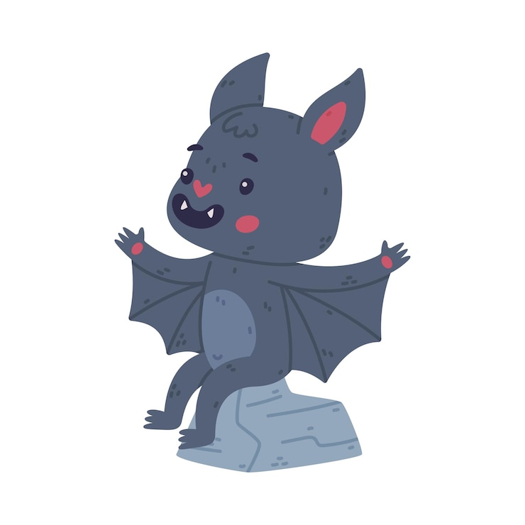Vector cute happy bat sitting on stone halloween symbol funny mascot character cartoon vector illustration