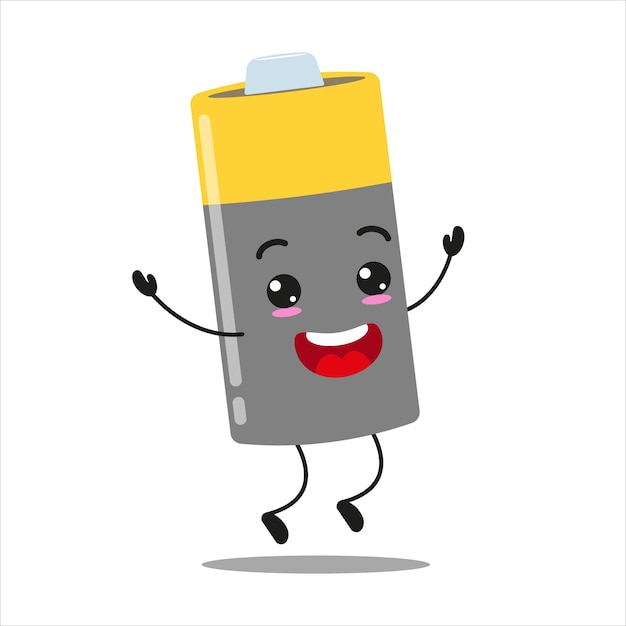 Vettore carino personaggio di batteria felice funny jump array emoticon di cartone animato in vector di unità di potenza in stile piatto