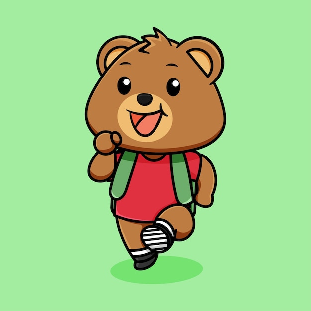 Cute happy bear dressed to go to school cartoon on light green background