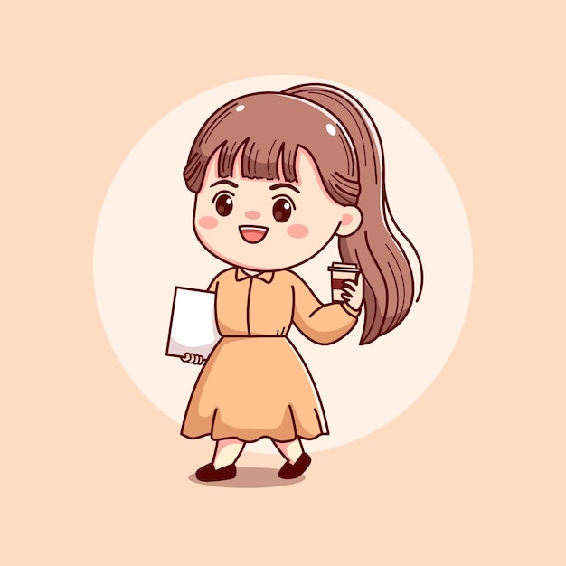 Cute happy beautiful girl with paper and coffee mascot character cartoon illustration