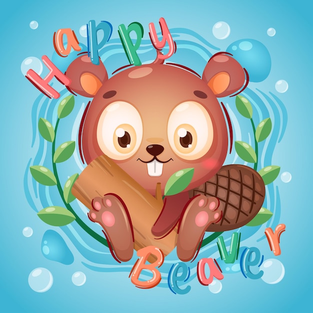 Cute happy beaver cartoon character