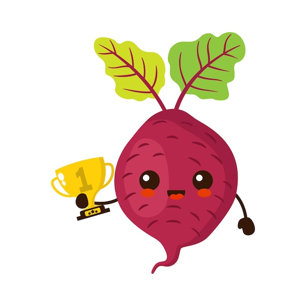 Cute happy beet vegetable with gold trophy Vector flat fruit cartoon character illustration icon de