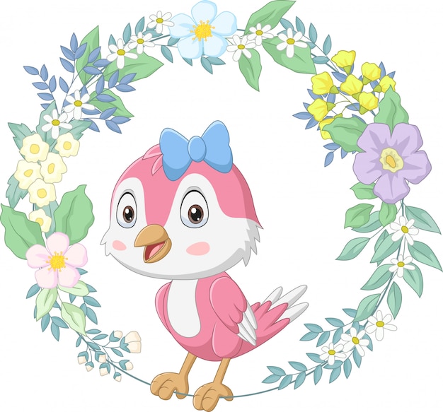 Vector cute happy bird pink with floral wreath