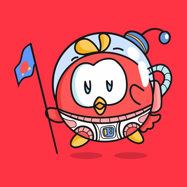 Cute happy bird space astronaut cartoon mascot sticker illustration