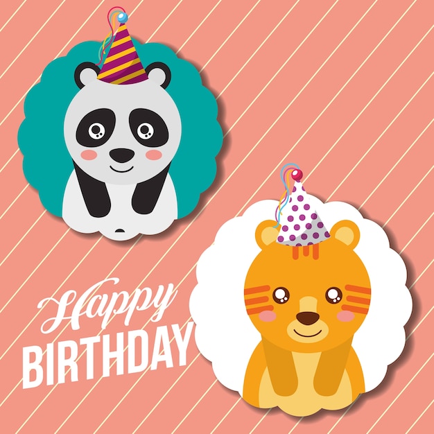 Cute happy birthday card funny panda and tiger