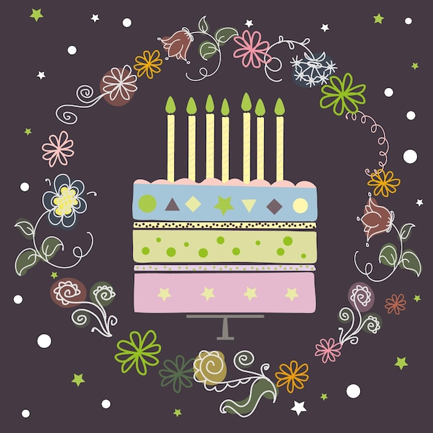 cute happy birthday card with cake and candles vector illustration