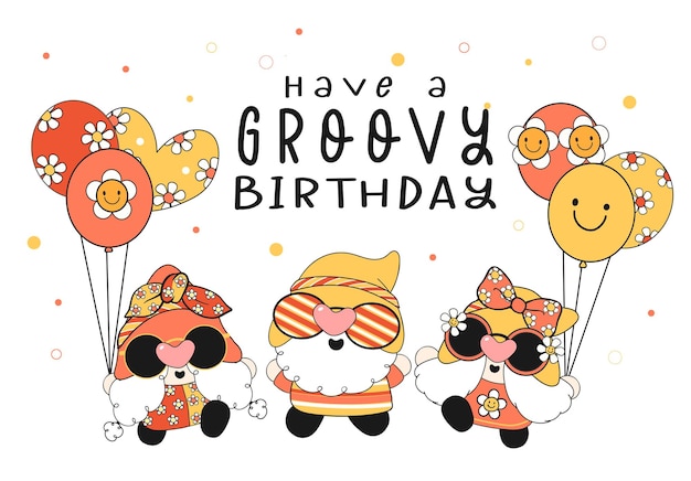 Vector cute happy birthday gnome card cute cartoon retro groovy nordic in vintage outfit with balloons