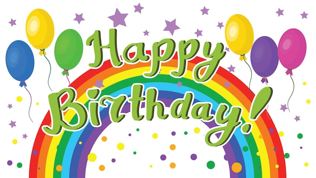 Vector cute happy birthday greeting card with lettering, balloons and rainbow isolated on white background.