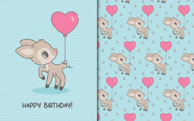 Carta modello carino buon compleanno con cervi kawaii e modello senza cuciture