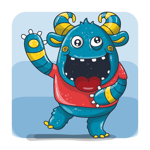 Cute happy blue monster with horn cartoon