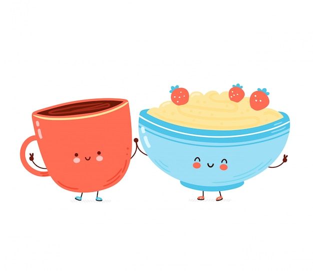 Cute happy bowl of oatmeal porridge and coffee cup. cartoon character hand drawn style illustration. Oat breakfast cup concept