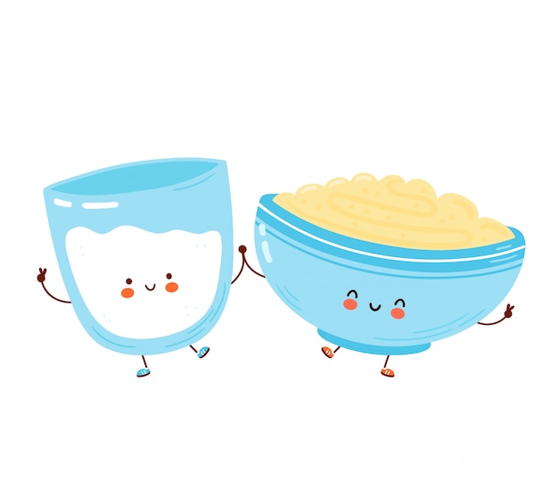 Милая счастливая миска овсяной каши и стакана молока. изолированный. мультипликационный персонаж рисованной стиль иллюстрации. концепция чашки овсяного завтрака