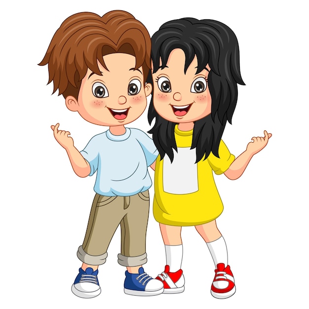 Vector cute happy boy and girl cartoon