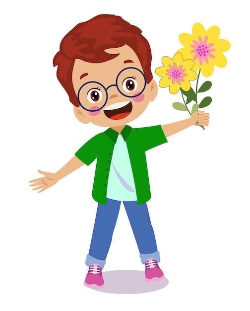 Vector cute happy boy holding flower