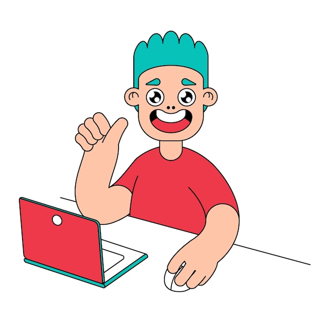 Il ragazzo felice sveglio è seduto al computer. immagine isolata di un uomo cartone animato dietro un computer portatile. illustrazione vettoriale in design piatto.