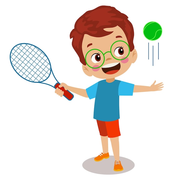 Cute happy boy playing tennis