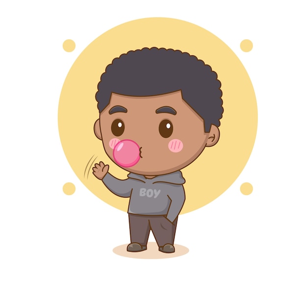 Cute happy boy popping gum bubbles Chibi cartoon character Vector art illustration