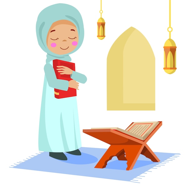 Vector cute happy boy reading quran