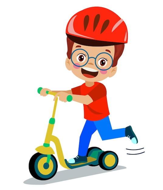 Cute happy boy riding scooter