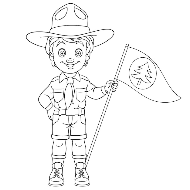 Cute happy boy scout with flag. People professions. Cartoon coloring book page for kids.