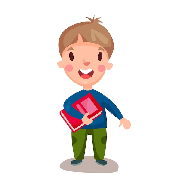 Cute happy boy standing and holding book, education and knowledge concept, colorful character vector Illustration on a white background