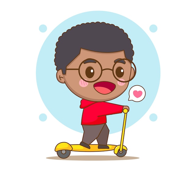 Cute happy boy with glasses riding scooter Chibi cartoon character Vector art illustration