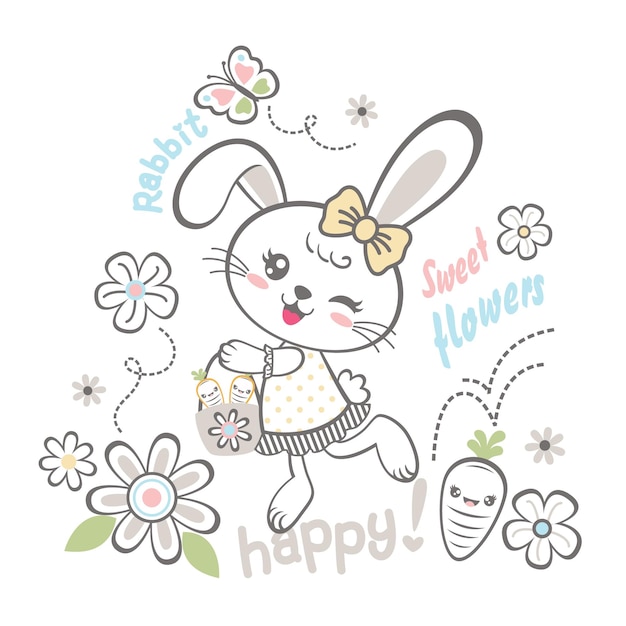 Cute happy bunny playing vector