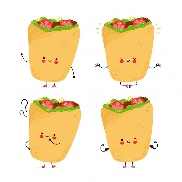 Vettore raccolta di set di burrito felice carino. isolato su sfondo bianco. illustrazione di stile disegnato a mano del personaggio dei cartoni animati