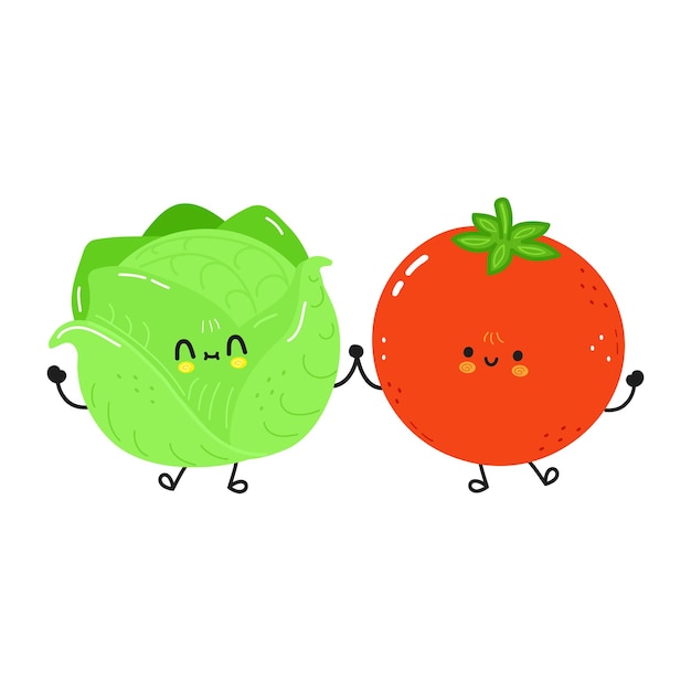 Cute happy cabbage and tomato friends concept