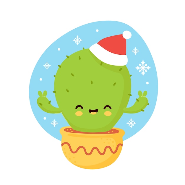 Cute happy cactus in christmas hat