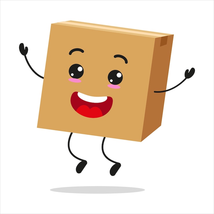 Vector cute happy carton box character funny jump package cartoon emoticon in flat style