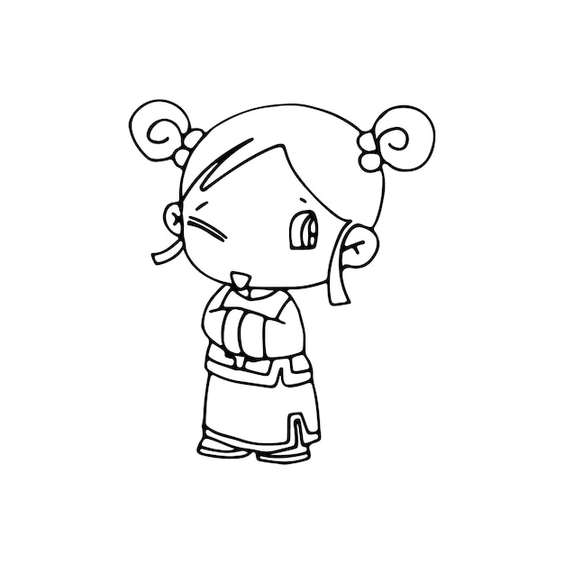 Premium Vector | Cute happy cartoon doodle chinese girl kids, child drawing sketch, children character isolated Premium Vector | Cute happy cartoon doodle chinese girl kids, child drawing sketch, children character isolated
