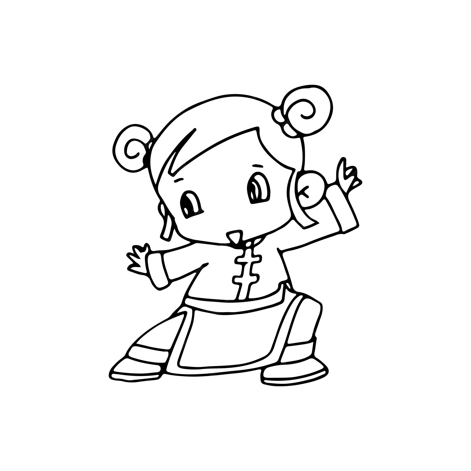 Premium Vector | Cute happy cartoon doodle chinese girl kids, child drawing sketch, children character isolated Premium Vector | Cute happy cartoon doodle chinese girl kids, child drawing sketch, children character isolated