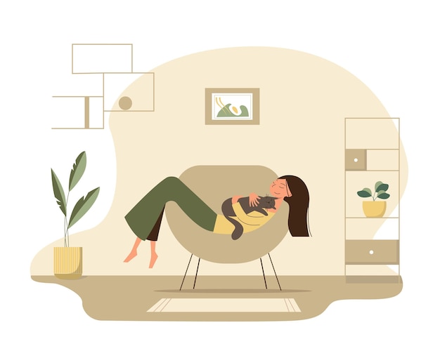 Cute happy cartoon girl lying in a chair in a cozy room and hugs her cat.