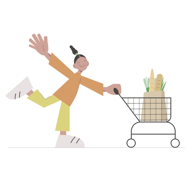 Вектор Симпатичная счастливая мультяшная девушка гуляет с хозяйственными сумками и тележкой в супермаркете векторные иллюстрации