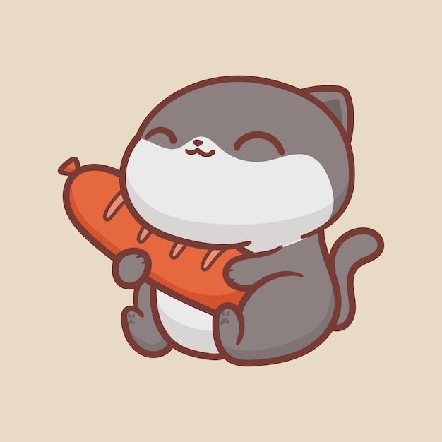Vector cute happy cat with sausage cartoon