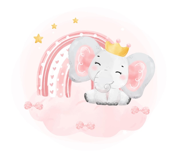 Cute happy cheerful smile baby pink elephant girl and boho rainbow on pink cloud adorable nursery birthday wildlife animal watercolur cartoon illustration