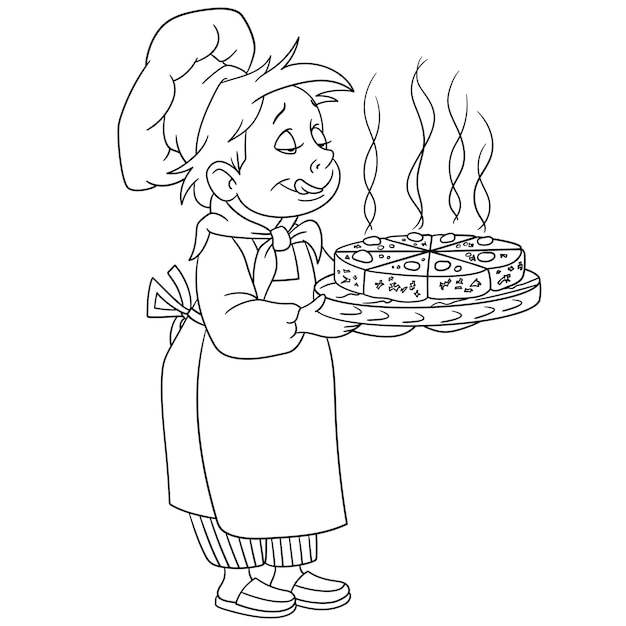 귀여운 행복 요리사 요리사 들고 피자입니다. 사람들이 직업. 아이들을 위한 만화 색칠 공부 페이지입니다.