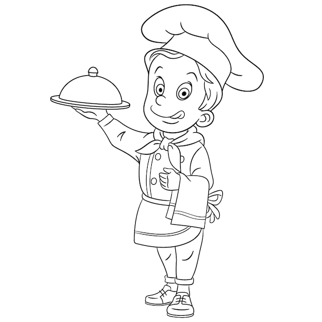 Cute happy chef cook holding serving tray. People professions. Cartoon coloring book page for kids.