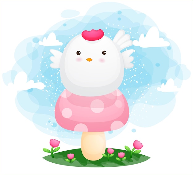 Cute happy chicken sit on the mushroom top