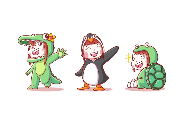Vector 악어, 펭귄, 거북이 의상 만화 스티커 그림을 입고 귀여운 행복한 아이