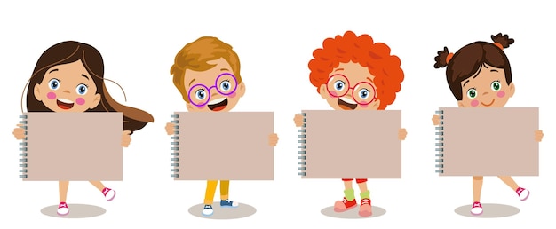 Cute and happy children holding placart your text here note paper