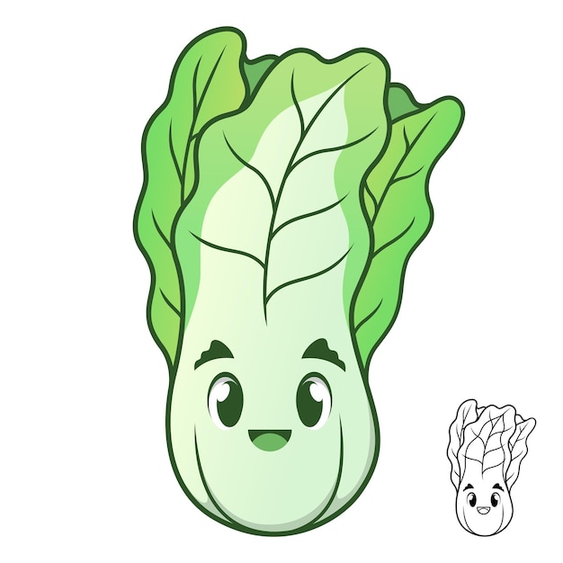 Vector cute happy chinese cabbage with black and white line art drawing