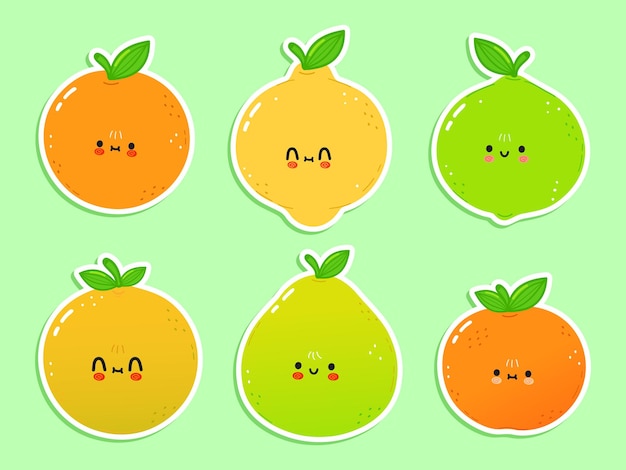 Vector cute happy citrus icons set