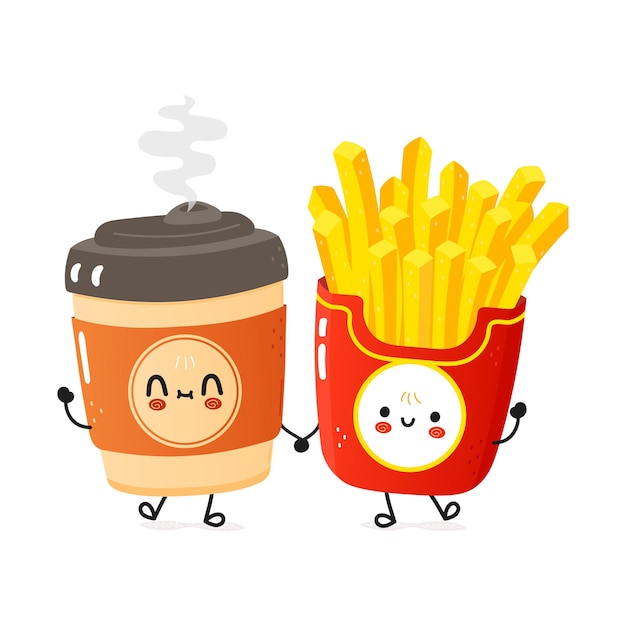 ベクトル かわいい幸せなコーヒーとフライド ポテトのカード