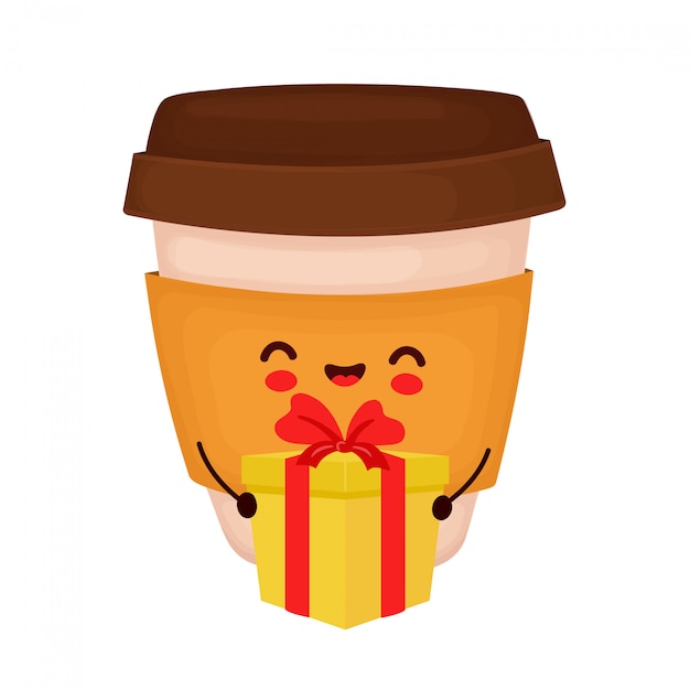 ギフトボックスとかわいい幸せなコーヒーカップのキャラクター。漫画のキャラクターの手描きスタイルのイラスト