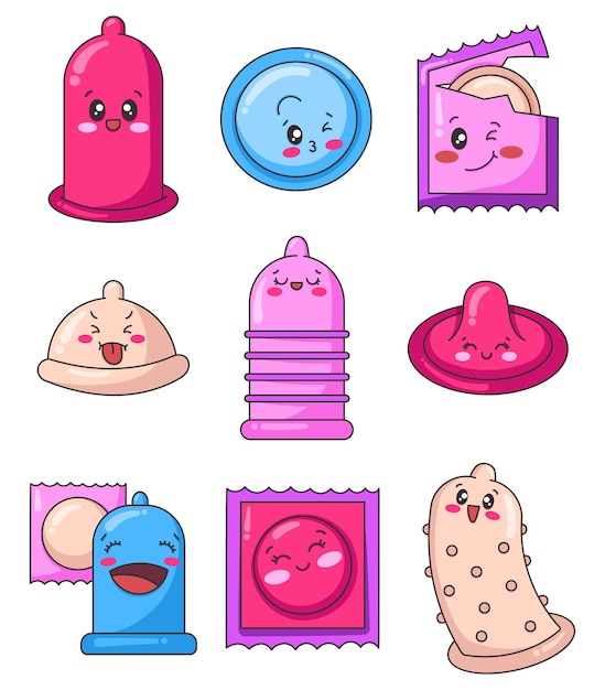 Cute happy condom characters Funny kawaii contraceptive cartoon emoticon