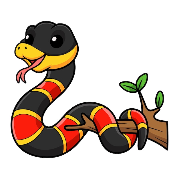 Вектор Милый счастливый мультфильм о коралловой змее на ветке дерева