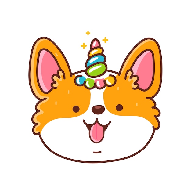 Cute happy corgi dog face with unicorn horn